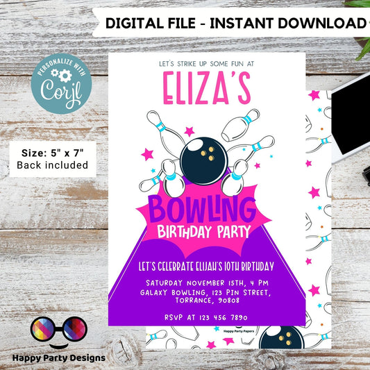 Let's strike up some fun EDITABLE Bowling Birthday invitation | Birthday girl | Instant Download | Digital | Retro look Party #K225