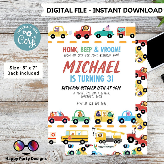 Editable Transportation Birthday Invitation | Truck Birthday Invitation | Cars Birthday Invite | Truck and Cars Birthday template  #K227