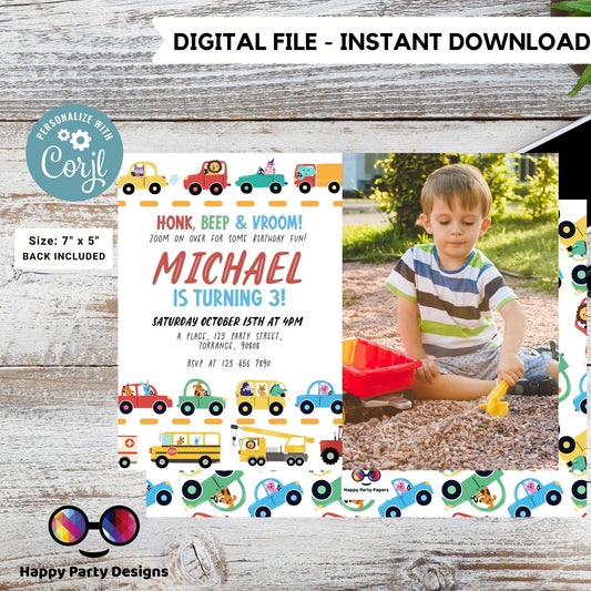 Editable Transportation Birthday Invitation with photo | Truck Birthday Invitation | Cars Birthday | Truck and Cars Birthday template  #K227
