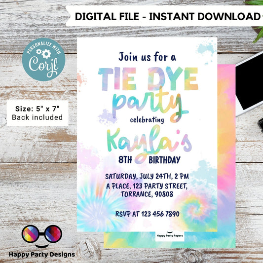 Editable Tie Dye Invitation Instant Download | Pink Tie Dye Birthday Invitations | Editable Tie Dye Party Invite | Printable Tie-Dye #K228