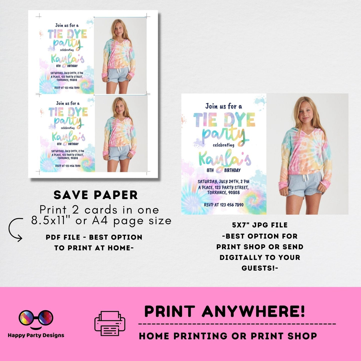 Editable Tie Dye Invitation with photo | Pink Tie Dye Birthday Invitations | Editable Tie Dye Party Invite | Printable Tie-Dye #K228