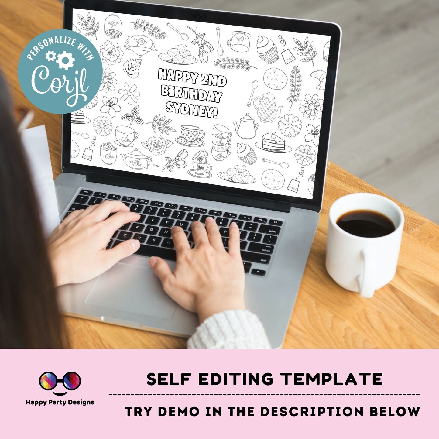 Tea party XL Table Runner | Editable Tea birthday party coloring page | Tea party | biscuits and tea table runner | tea party activity