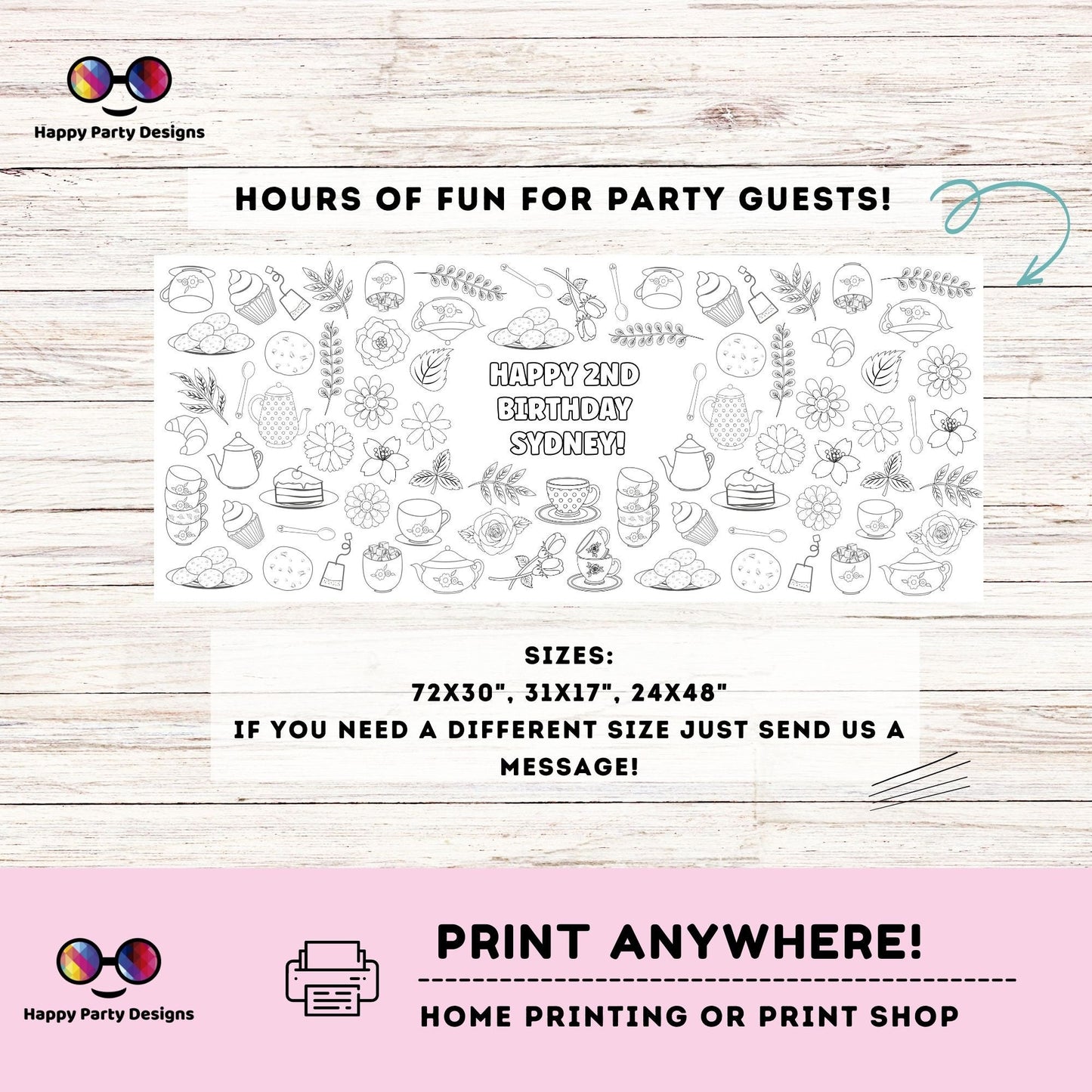 Tea party XL Table Runner | Editable Tea birthday party coloring page | Tea party | biscuits and tea table runner | tea party activity