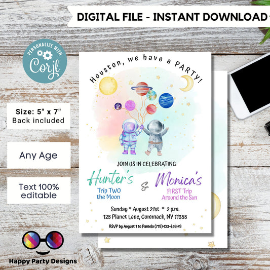 Editable Siblings Outer Space First Birthday Invitation | Galaxy Blast Off First Trip Around the Sun | Space Download Printable Template #K5
