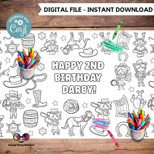 Rodeo XL coloring Table Runner | Editable Rodeo birthday party coloring page | Cowboy Cowgirl  table runner | Rodeo party activity #K292