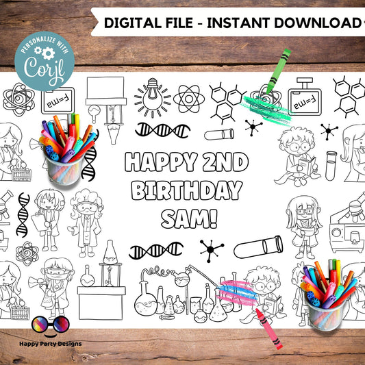 Science birthday party XL coloring page | Editable science birthday party coloring page | Science party | Science party activity