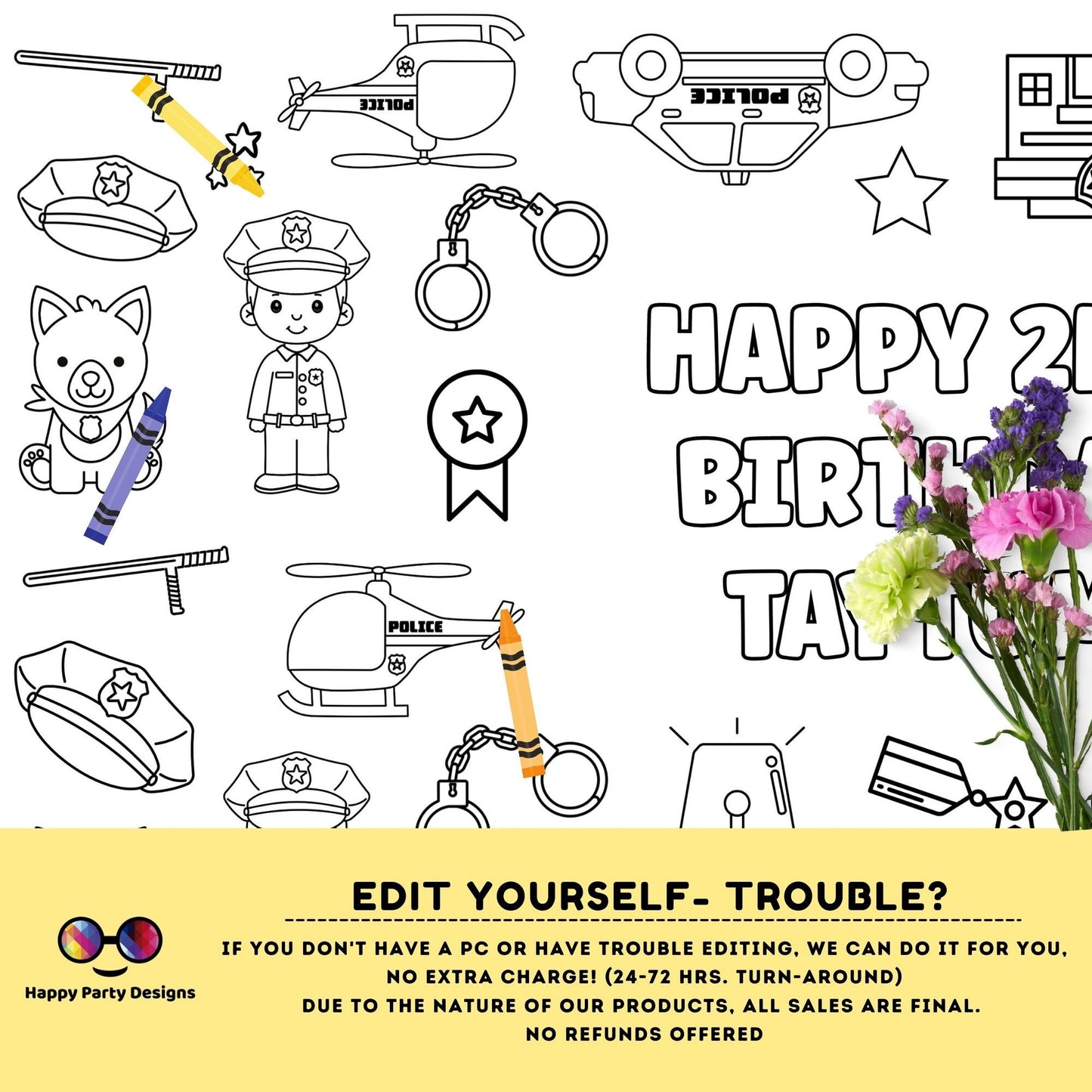 Police XL coloring page | Editable Cops birthday party coloring poster | Police Officer party | Policeman party activity for kids
