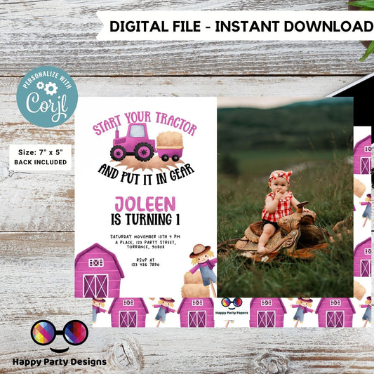 Girl Tractor Birthday Party Invitation | Editable Farm Birthday Invitation Girl with photo | Barnyard | any age | Girl pink Tractor #K242
