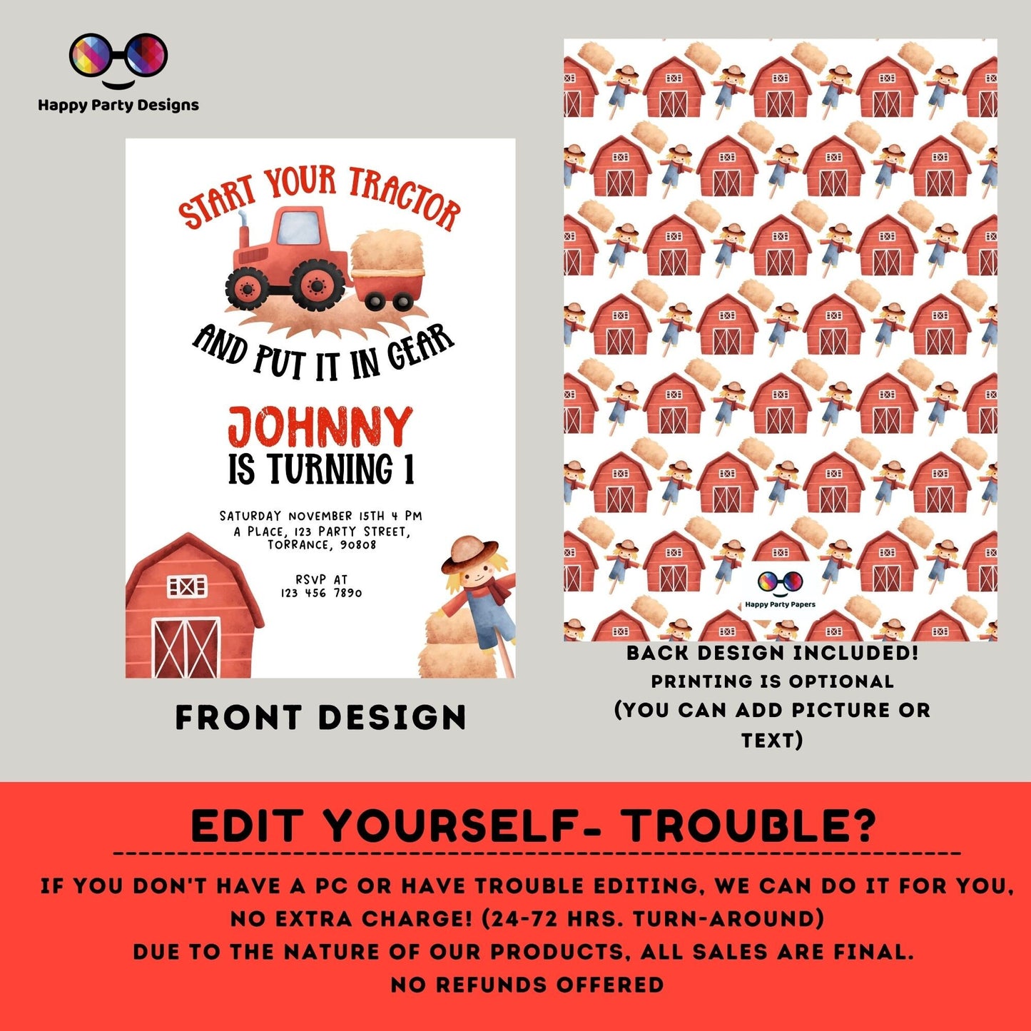 Boy Tractor Birthday Party Invitation | Editable Farm Birthday Invitation Boy | Barnyard | any age | Boy red Tractor Birthday #K242