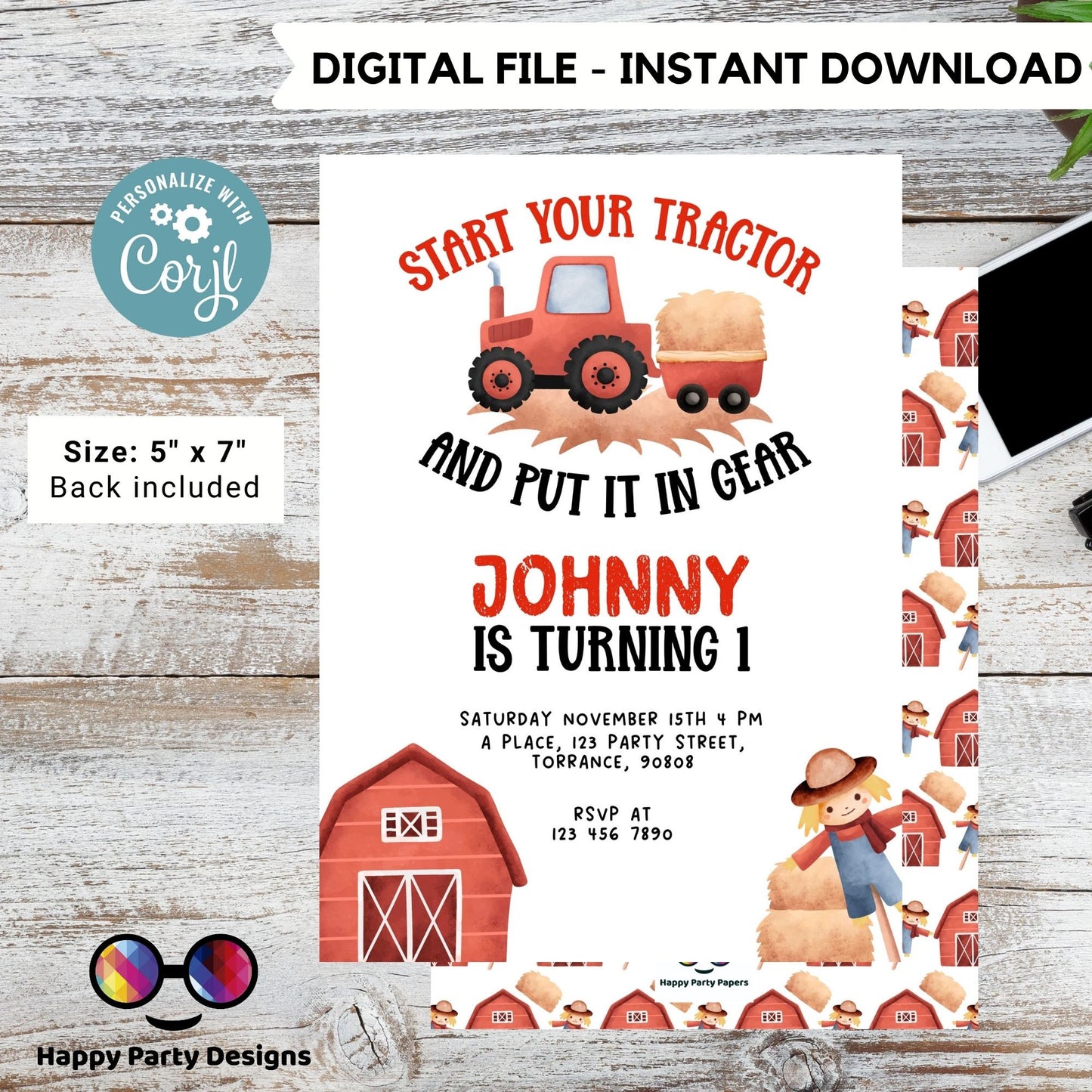 Boy Tractor Birthday Party Invitation | Editable Farm Birthday Invitation Boy | Barnyard | any age | Boy red Tractor Birthday #K242