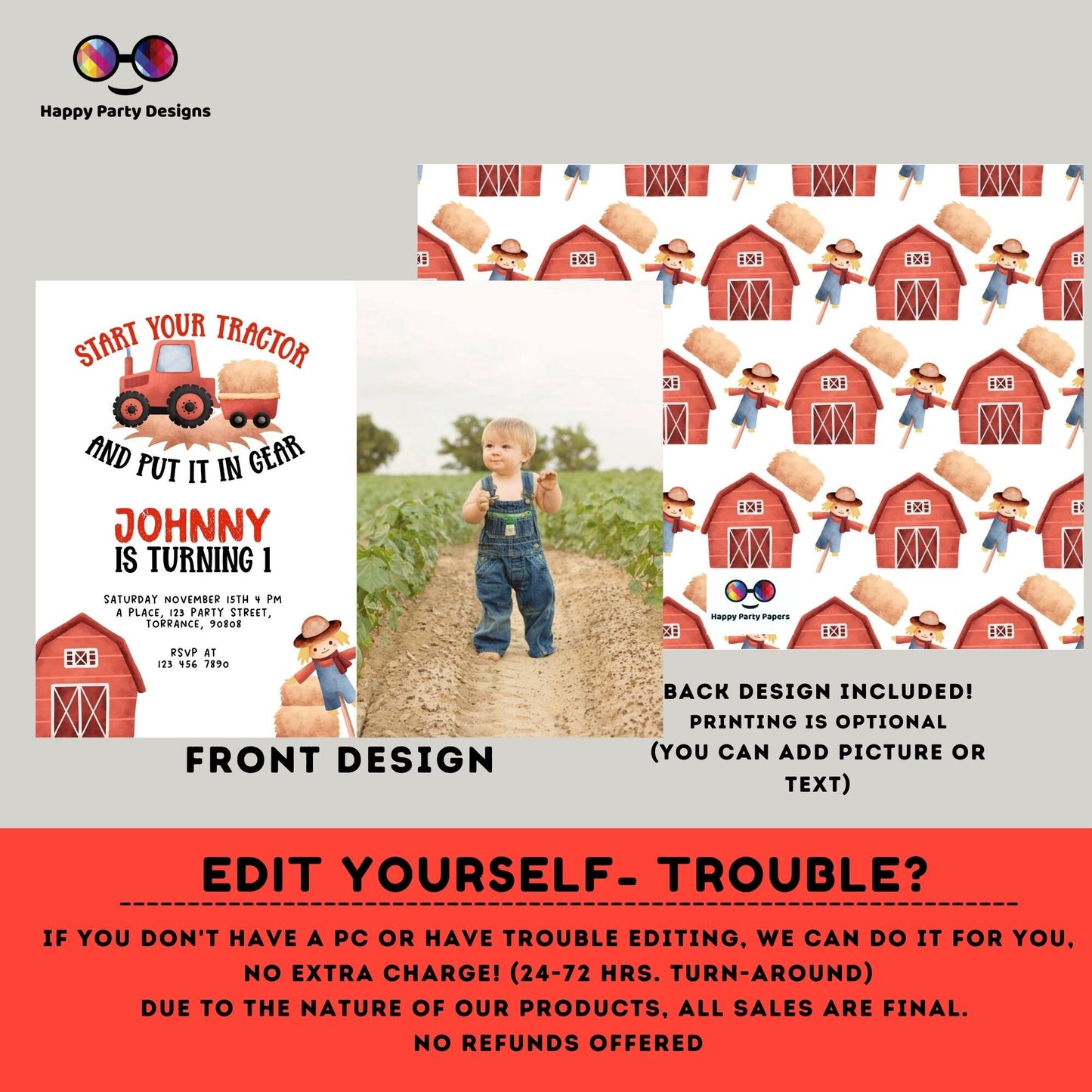 Boy Tractor Birthday Party Invitation with photo | Editable Farm Birthday Invite Boy | Barnyard | any age | Boy red Tractor Birthday #K242