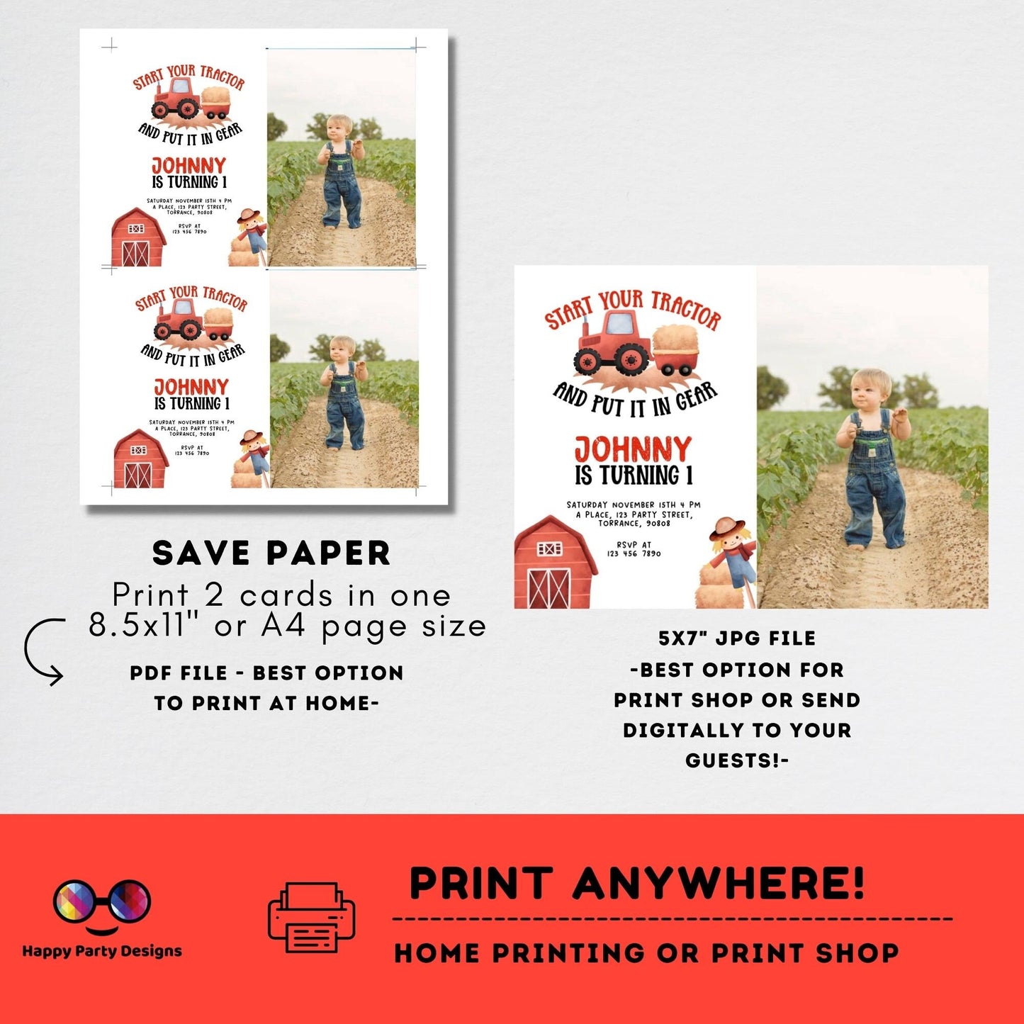 Boy Tractor Birthday Party Invitation with photo | Editable Farm Birthday Invite Boy | Barnyard | any age | Boy red Tractor Birthday #K242
