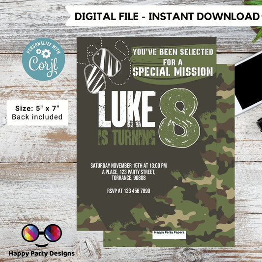 Kids Editable Army birthday invitation | Printable Birthday Army Party Invitations | Any Age | Birthday boy army party | ID Badges #K241