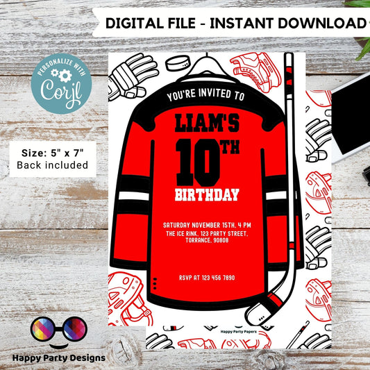 Hockey Birthday Invitation | Any age, change the color to the jersey, any color | Hockey Theme Birthday Party, Hockey Jersey and Stick #K243