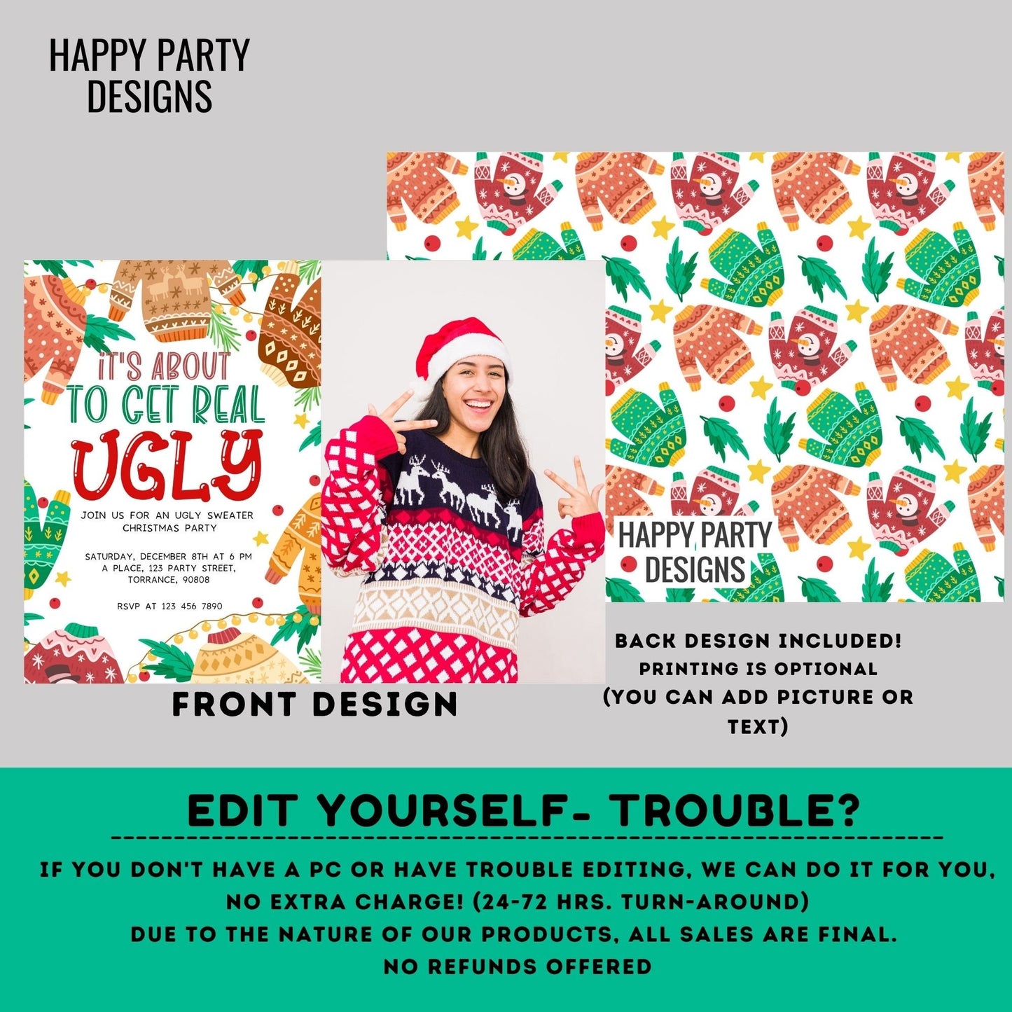 Editable Ugly Sweater Party Invitation with photo | Christmas Party printable invite | Ugly sweater Invitation | Ugly Christmas Invite  #A26