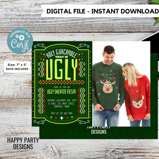 Editable Holy guacamole Ugly Sweater Party Invitation with photo | Christmas Party printable invite | Ugly sweater | Ugly Christmas #A27