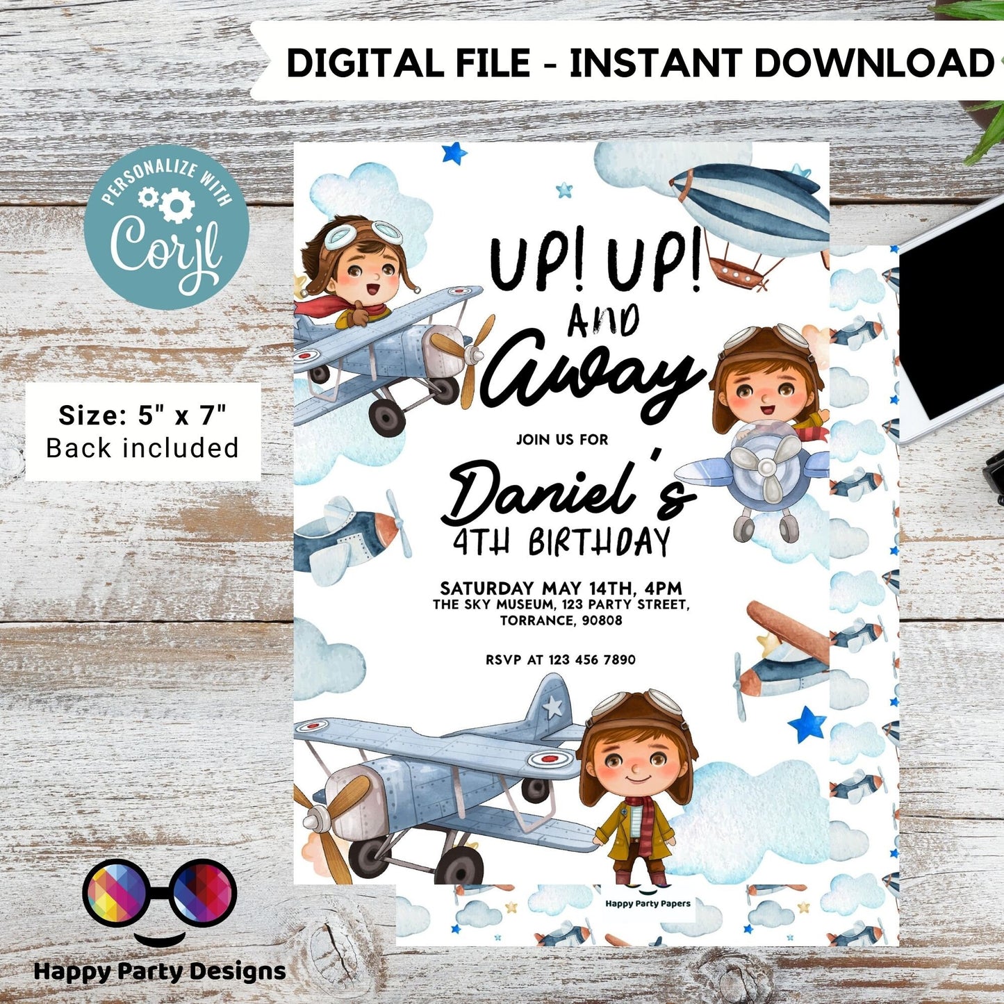 Editable Up Up and Away Invite | Airplane Birthday Invitation | Airplane Party | Plane invitation | Boy Party Invitation | Airplane #K229