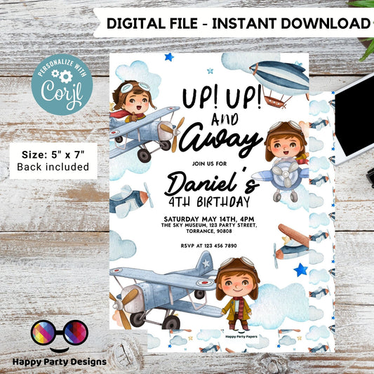 Editable Up Up and Away Invite | Airplane Birthday Invitation | Airplane Party | Plane invitation | Boy Party Invitation | Airplane #K229