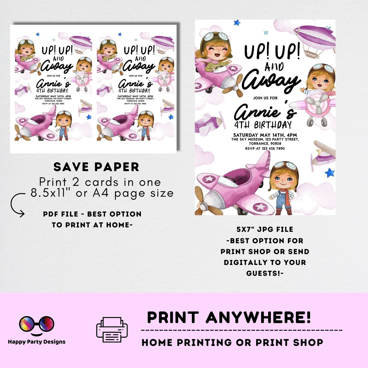 Editable Up Up and Away Invite | Airplane Birthday Invitation | Airplane Party | Plane invitation | girl Party Invitation | Airplane #K229