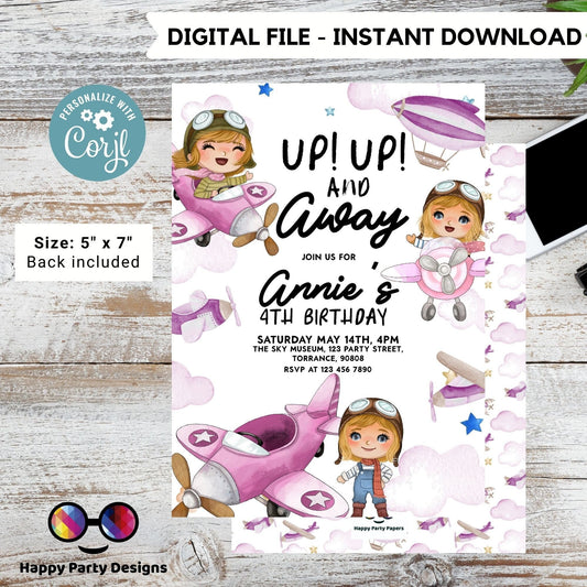 Editable Up Up and Away Invite | Airplane Birthday Invitation | Airplane Party | Plane invitation | girl Party Invitation | Airplane #K229