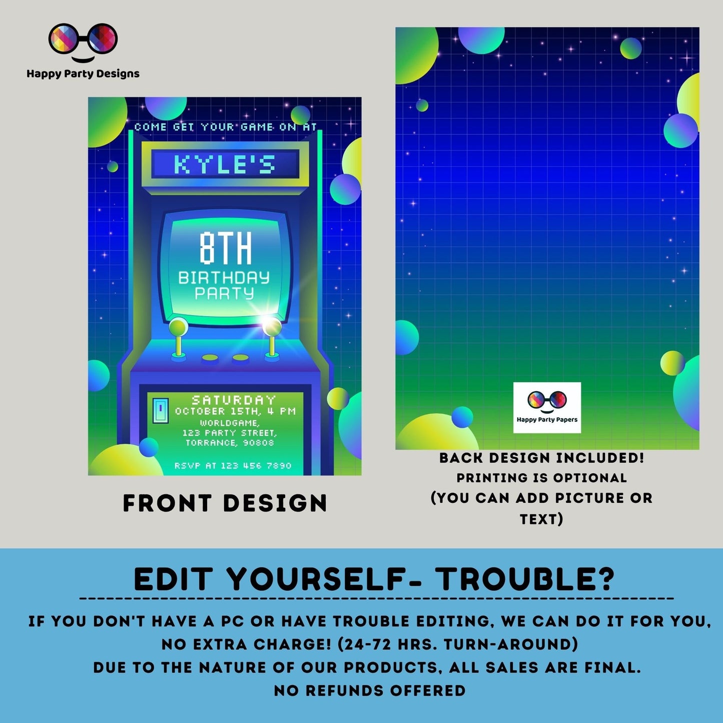 Editable Arcade Birthday Invite Template | Printable Neon Arcade Party Invitations | Birthday boy | Gaming Arcade Birthday Party Neon #K248