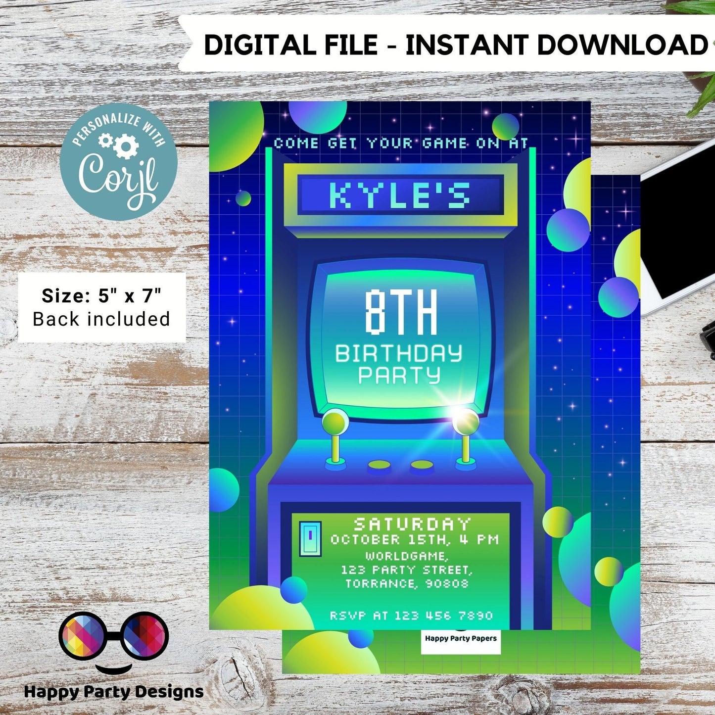 Editable Arcade Birthday Invite Template | Printable Neon Arcade Party Invitations | Birthday boy | Gaming Arcade Birthday Party Neon #K248