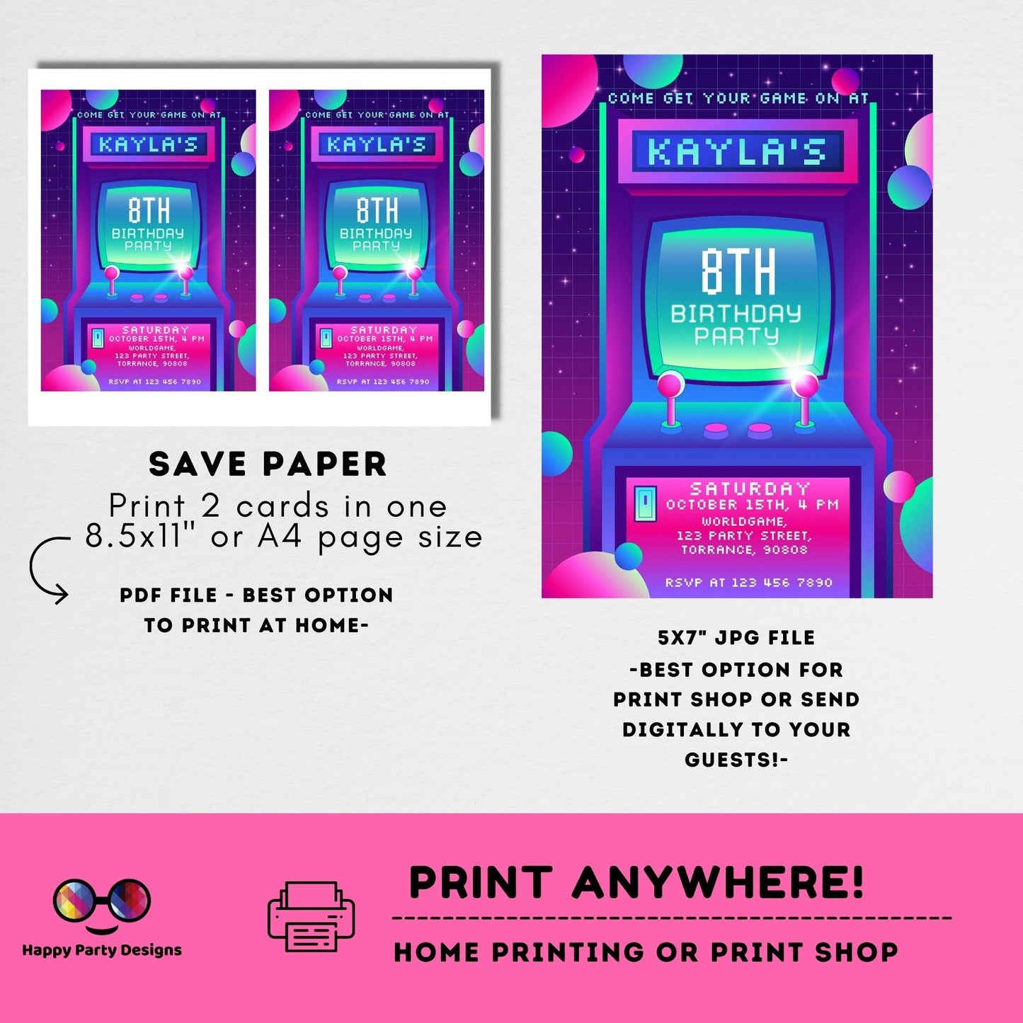 Editable Arcade Birthday Invite Template | Printable Neon Arcade Party Invitations | Birthday girl | Gaming Arcade Birthday Party Neon #K248