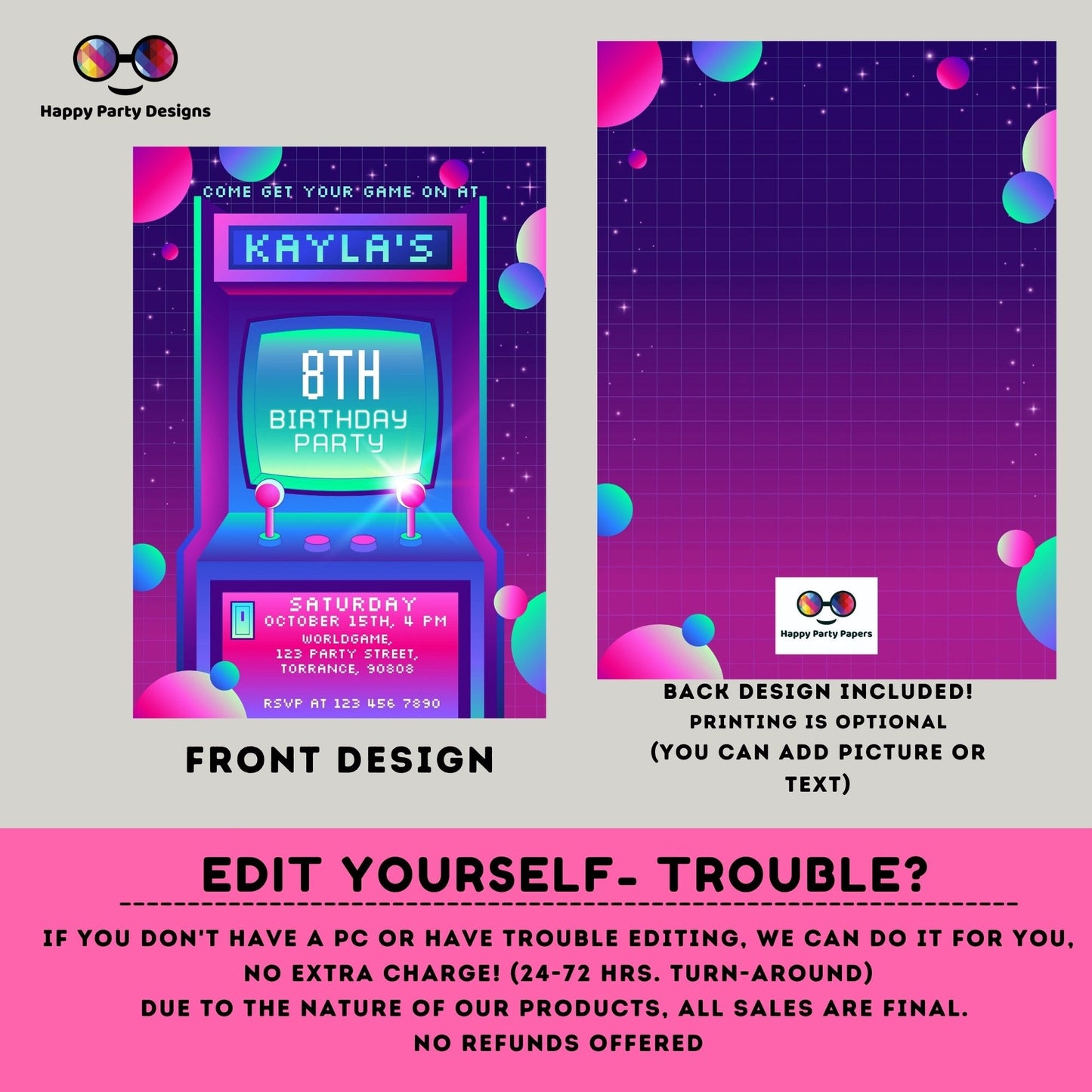 Editable Arcade Birthday Invite Template | Printable Neon Arcade Party Invitations | Birthday girl | Gaming Arcade Birthday Party Neon #K248