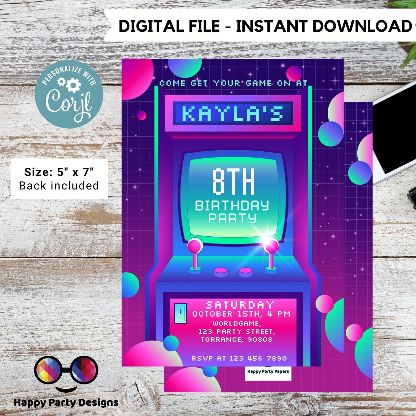 Editable Arcade Birthday Invite Template | Printable Neon Arcade Party Invitations | Birthday girl | Gaming Arcade Birthday Party Neon #K248