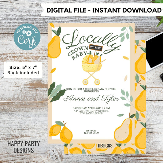 Editable Baby Shower Invitation | Editable Baby Shower | Baby boy Invite | Locally Grown Farmers Market | Baby Shower Couples | pears #B46