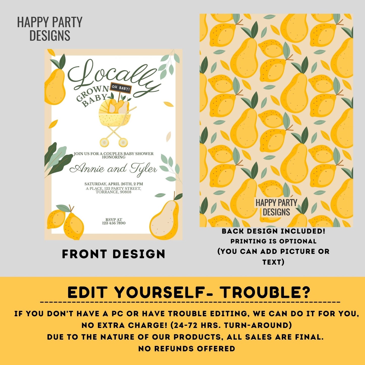 Editable Baby Shower Invitation | Editable Baby Shower | Baby boy Invite | Locally Grown Farmers Market | Baby Shower Couples | pears #B46