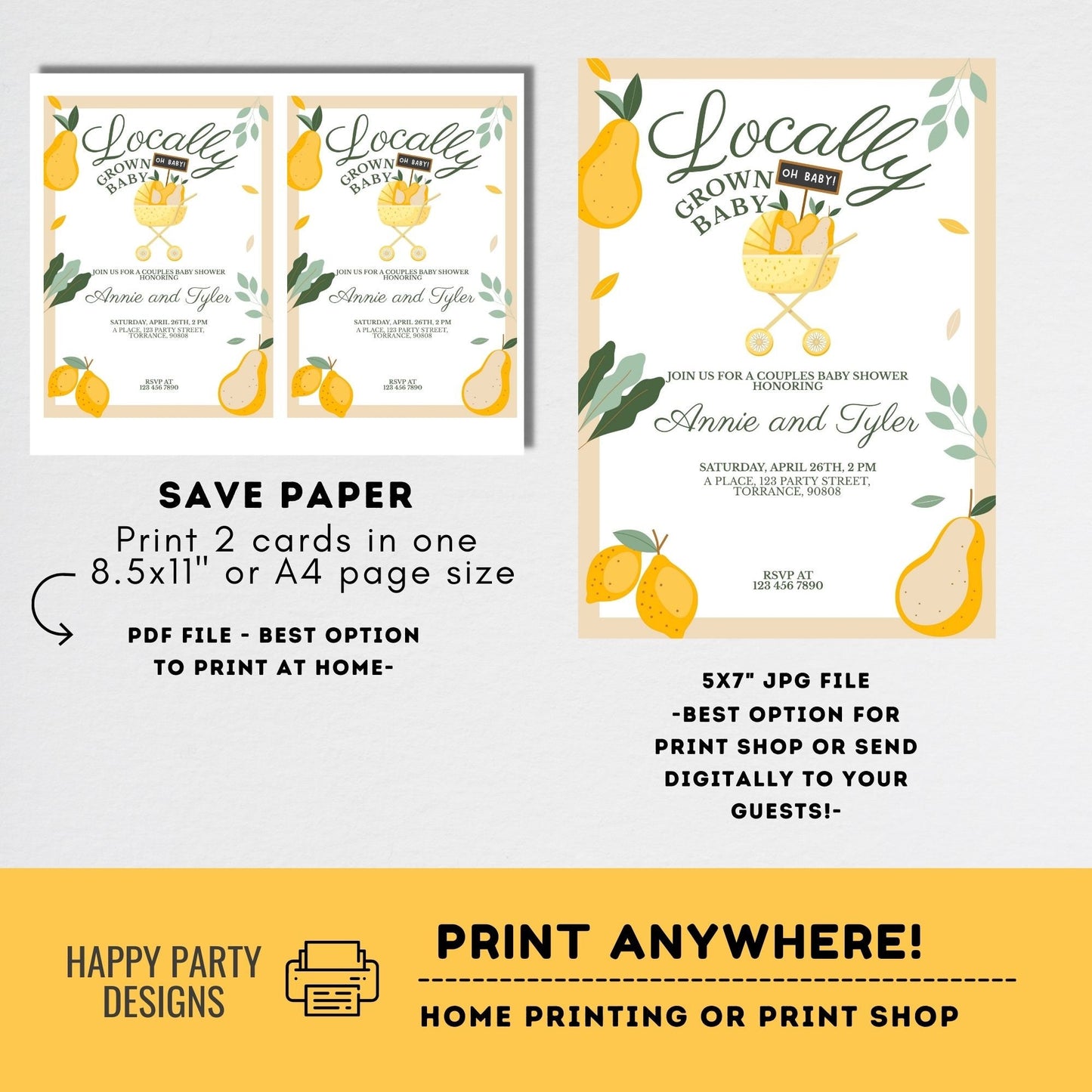 Editable Baby Shower Invitation | Editable Baby Shower | Baby boy Invite | Locally Grown Farmers Market | Baby Shower Couples | pears #B46