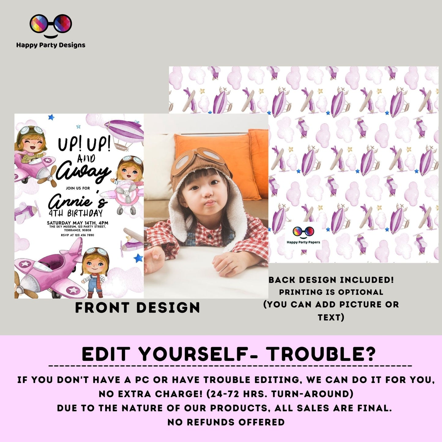 Editable Up Up and Away Invite with photo | Airplane Birthday Invitation | Airplane Party | Plane invitation | girl Party Airplane #K229