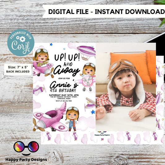 Editable Up Up and Away Invite with photo | Airplane Birthday Invitation | Airplane Party | Plane invitation | girl Party Airplane #K229