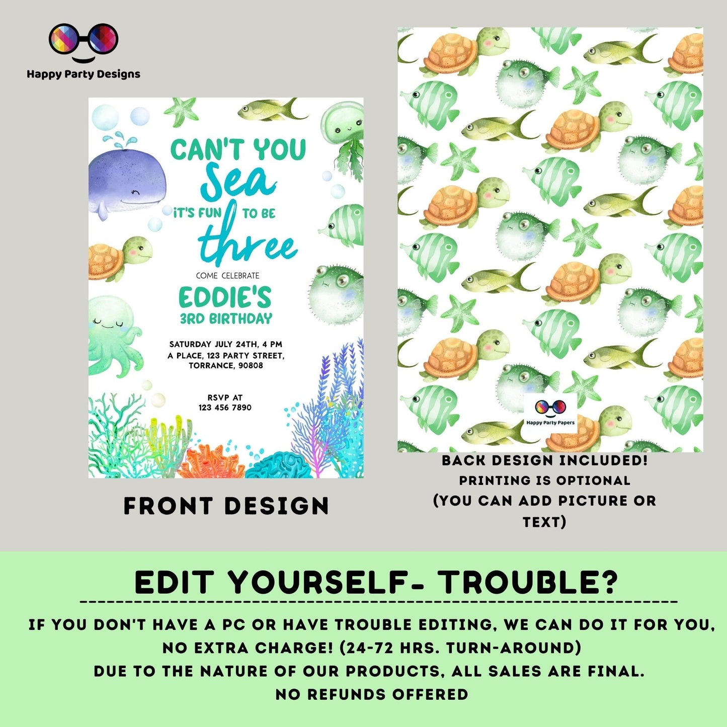 Can't you sea it's fun to be three template Invitation | Editable Ocean Invitation | under the sea party | boy birthday | any age #K230