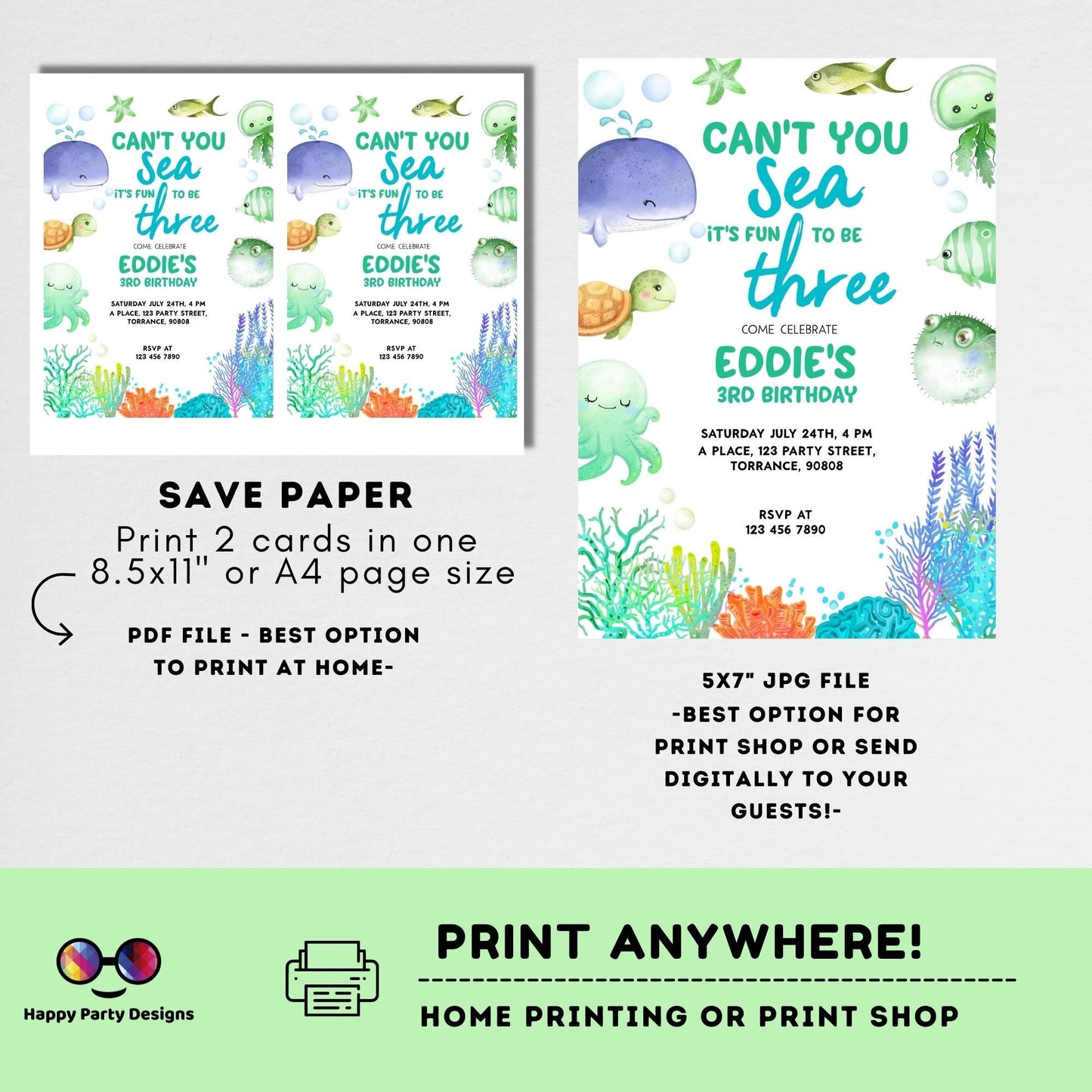 Can't you sea it's fun to be three template Invitation | Editable Ocean Invitation | under the sea party | boy birthday | any age #K230