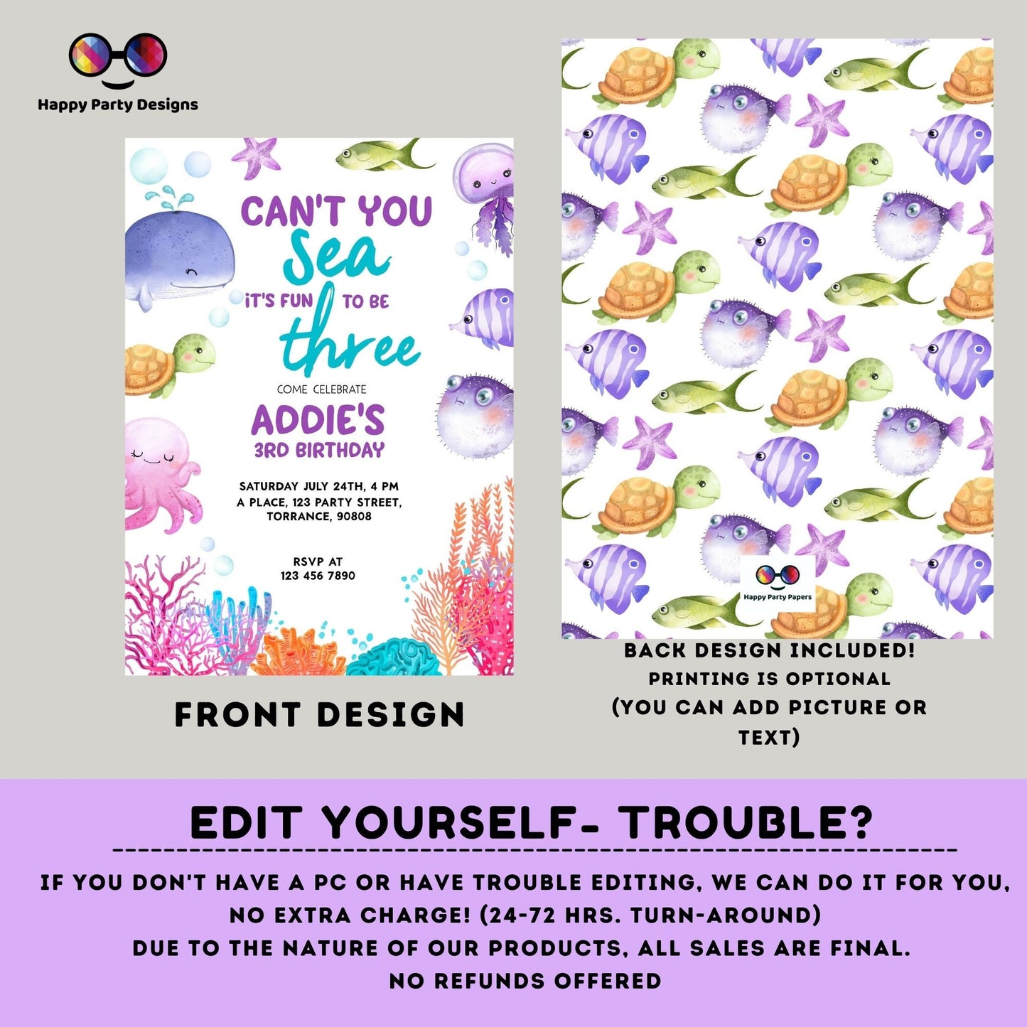 Can't you sea it's fun to be three template Invitation | Editable Ocean Invitation | under the sea party | girl birthday | any age #K230