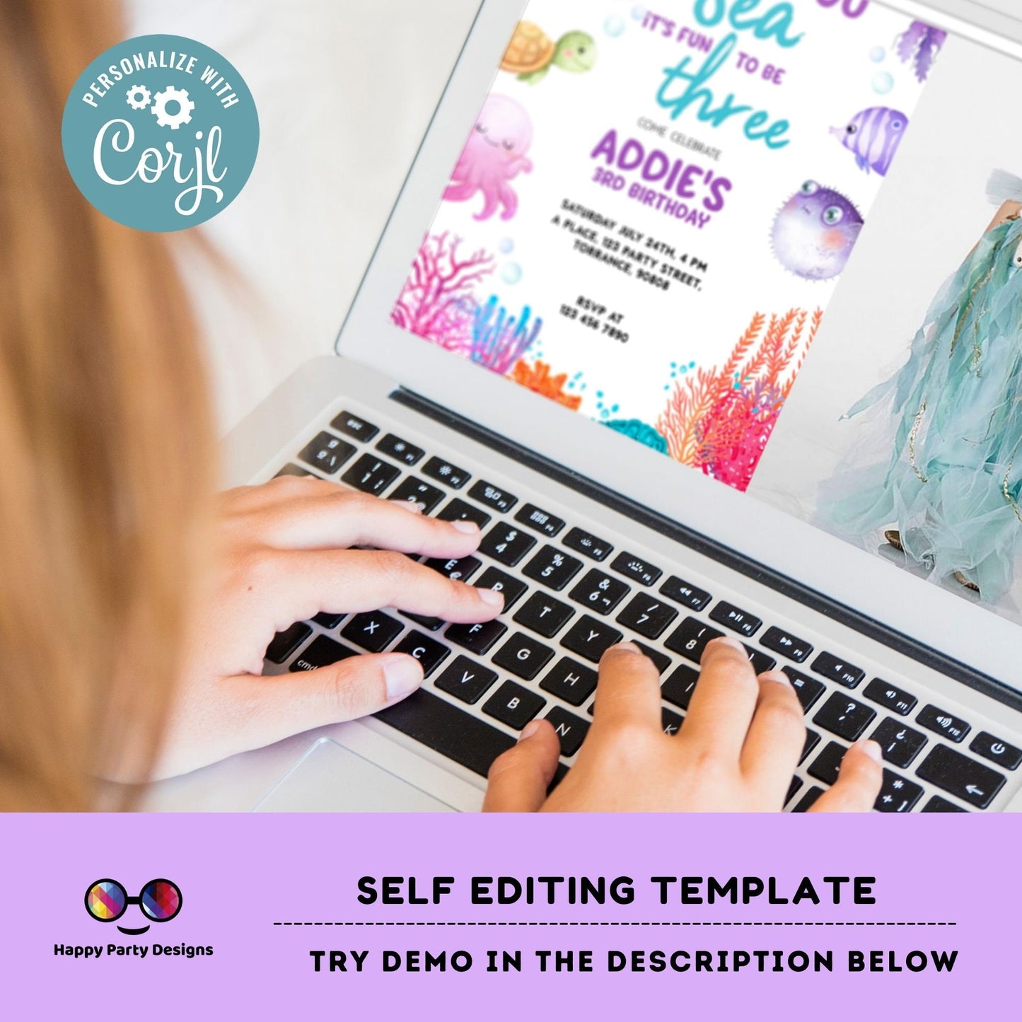 Can't you sea it's fun to be three template Invitation with photo | Editable Ocean Invite | under the sea party | girl | any age #K230
