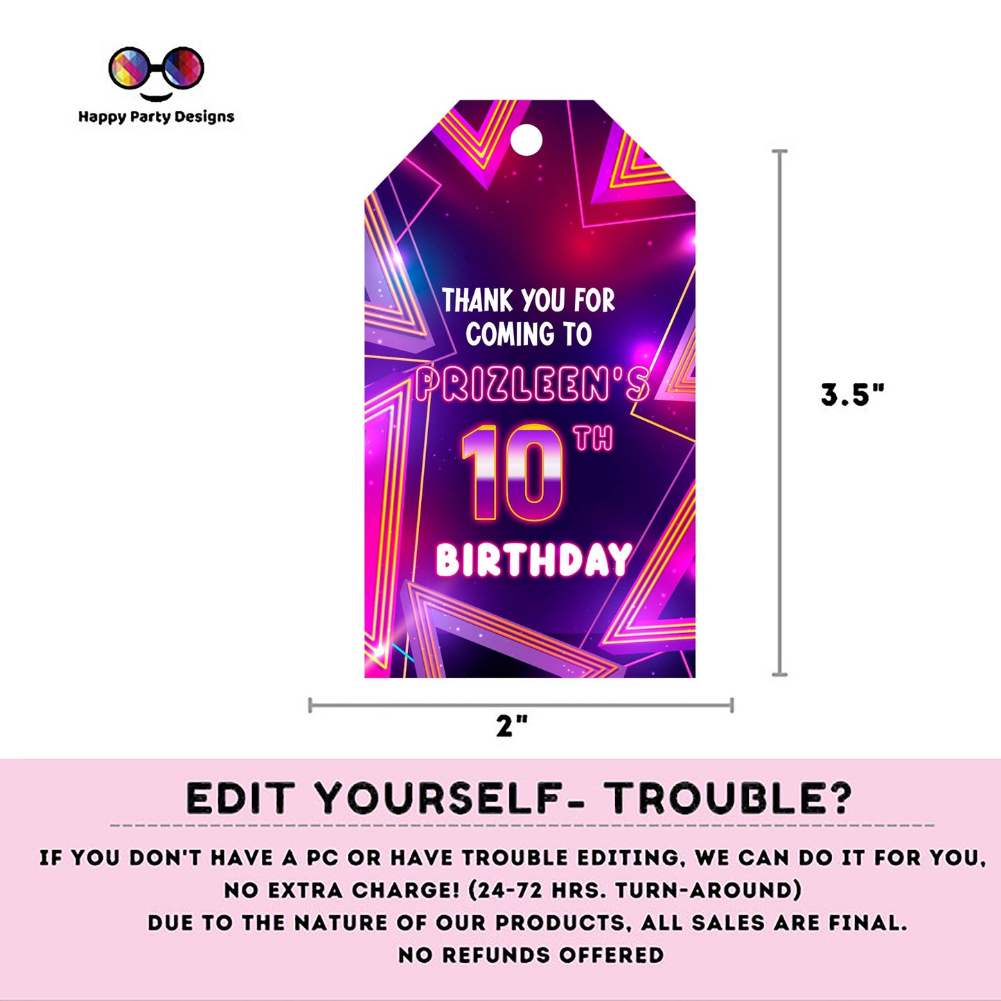 EDITABLE Girl favor tag  | Neon Glow in the dark Party thank you tag  | Birthday Girl  tag | Neon Pink Purple Birthday | glow pink tag #K186