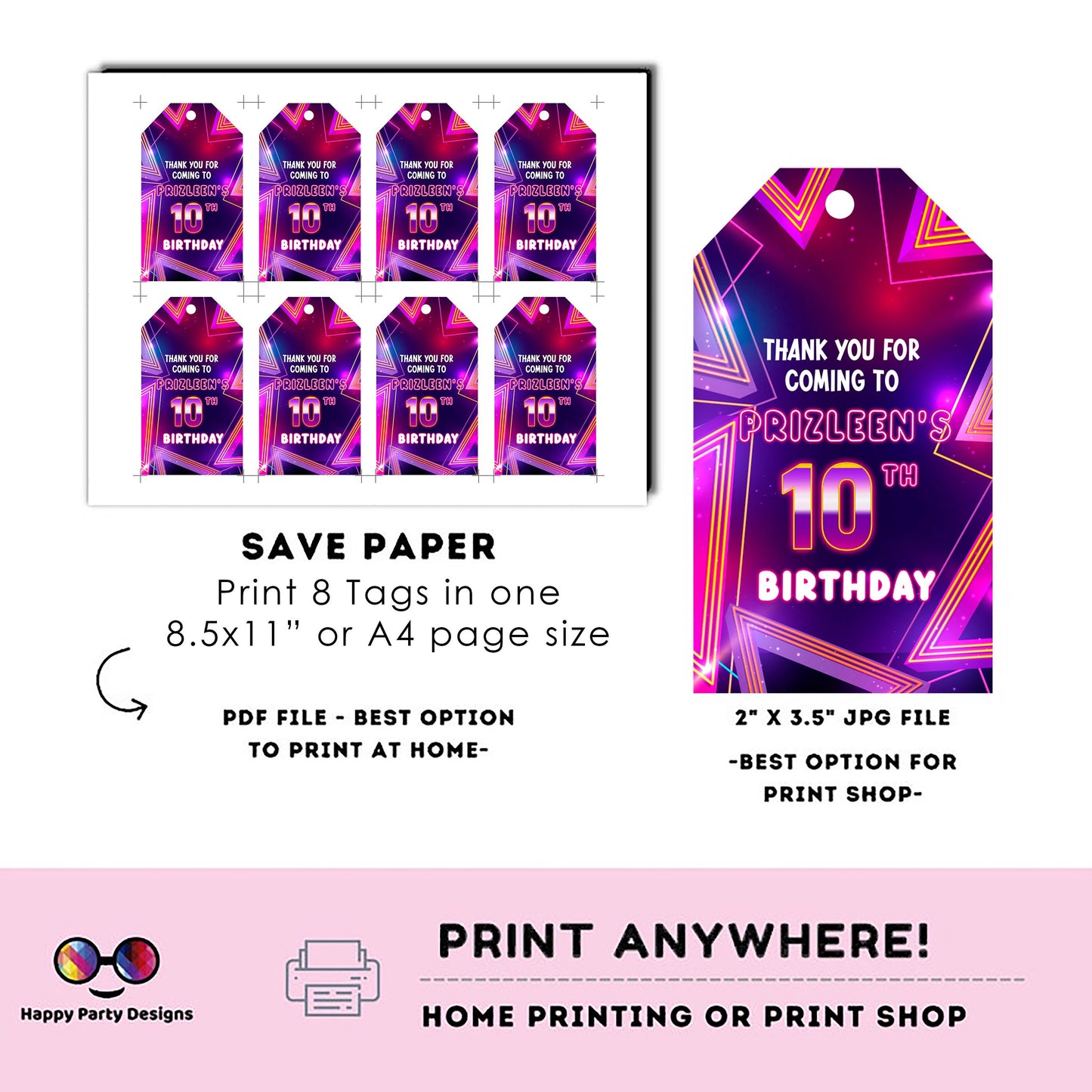 EDITABLE Girl favor tag  | Neon Glow in the dark Party thank you tag  | Birthday Girl  tag | Neon Pink Purple Birthday | glow pink tag #K186