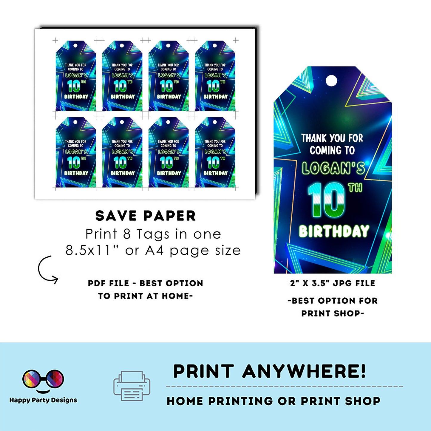 EDITABLE Boy favor tag  | Neon Glow in the dark Party thank you tag  | Birthday Boy tag | Neon Blue Green Birthday | glow blue tag #K185