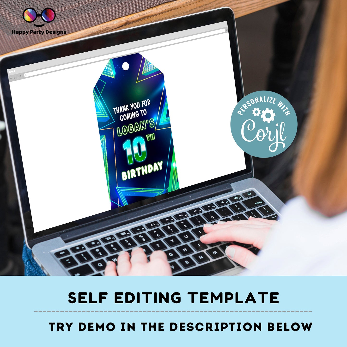 EDITABLE Boy favor tag  | Neon Glow in the dark Party thank you tag  | Birthday Boy tag | Neon Blue Green Birthday | glow blue tag #K185
