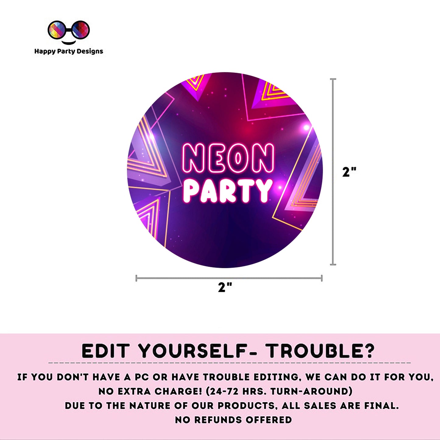 EDITABLE Girl birthday neon round cupcake toppers | Neon Glow in the dark Party | Birthday Girl | Neon Pink Purple Birthday stickers  #K186