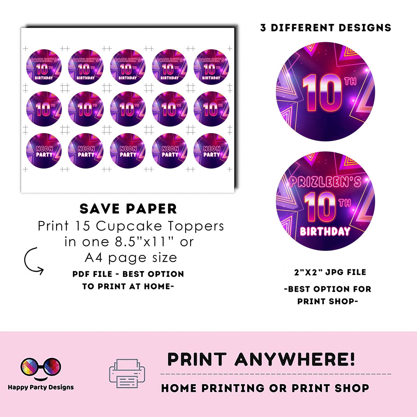 EDITABLE Girl birthday neon round cupcake toppers | Neon Glow in the dark Party | Birthday Girl | Neon Pink Purple Birthday stickers  #K186