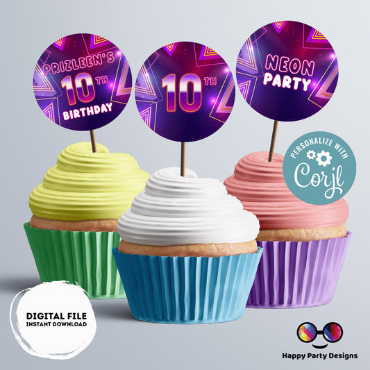 EDITABLE Girl birthday neon round cupcake toppers | Neon Glow in the dark Party | Birthday Girl | Neon Pink Purple Birthday stickers  #K186