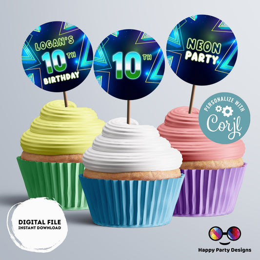 EDITABLE Boy birthday neon round cupcake toppers | Neon Glow in the dark Party | Birthday Boy | Neon Green Blue Birthday stickers  #K185