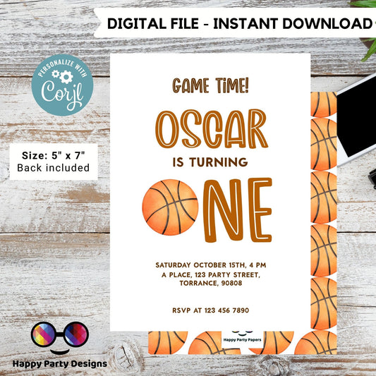 Minimalist Basketball Birthday Invitation Template | Any age | Basketball Theme Birthday | Basketball Invite Template, Sport invite #K251