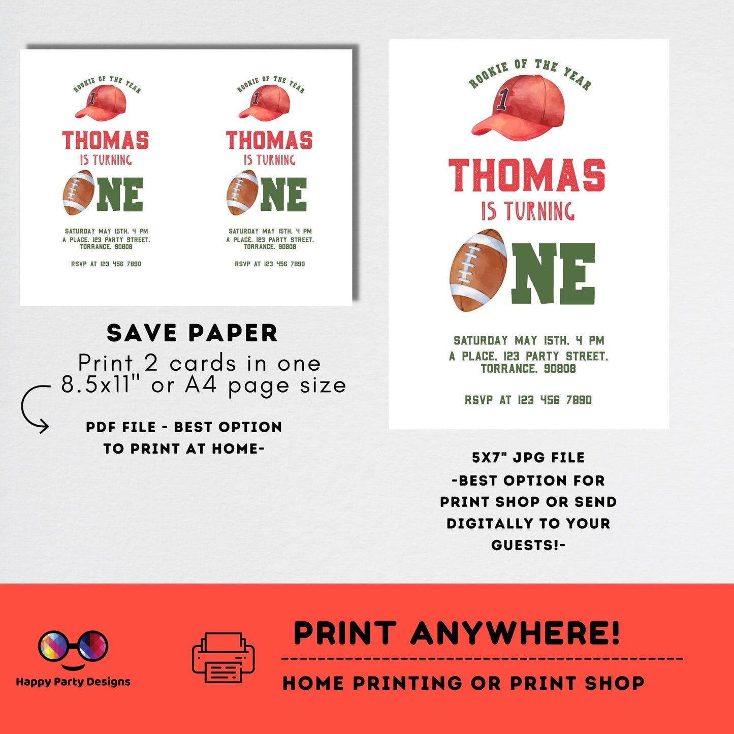 Minimalist Football Birthday Invitation Template | Rookie of the year | Football Theme Birthday | Sports invite | Football party #K252