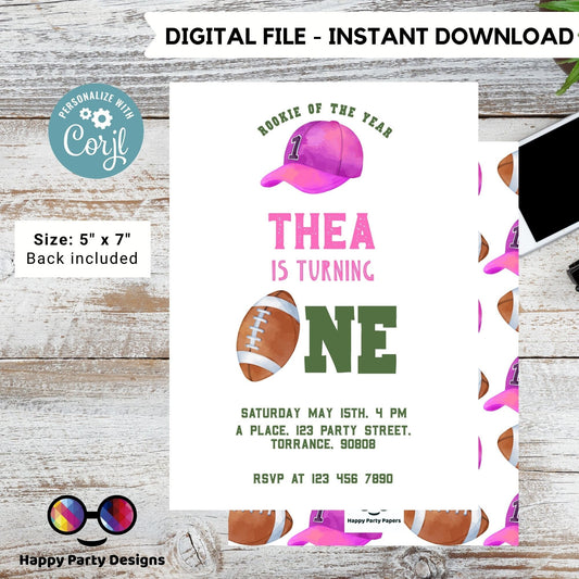 Minimalist Football Birthday Invitation Template for girl | Rookie of the year | Football Theme | Sports invite | Football party #K252