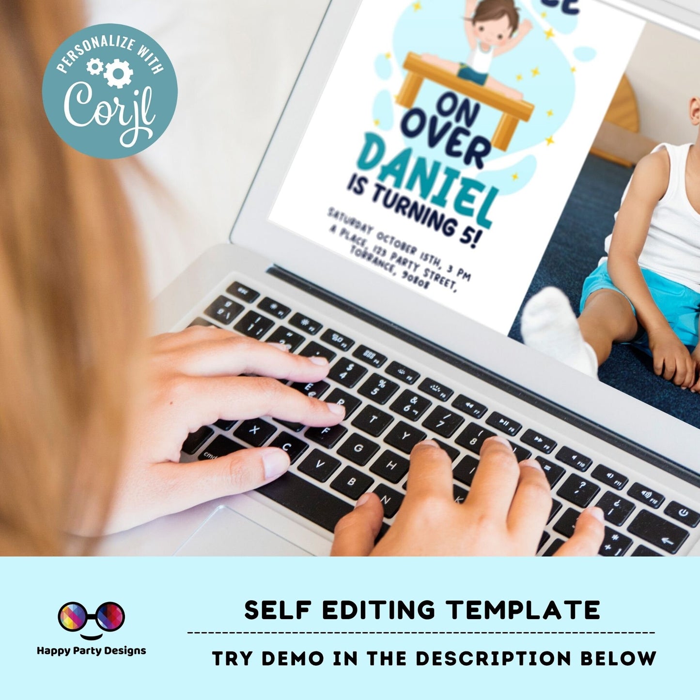 Editable Gymnastics Birthday Invitation with photo | Sports Invitation | Boy Tumbling Gymnasts Birthday | tumble on over Party Invite #K232